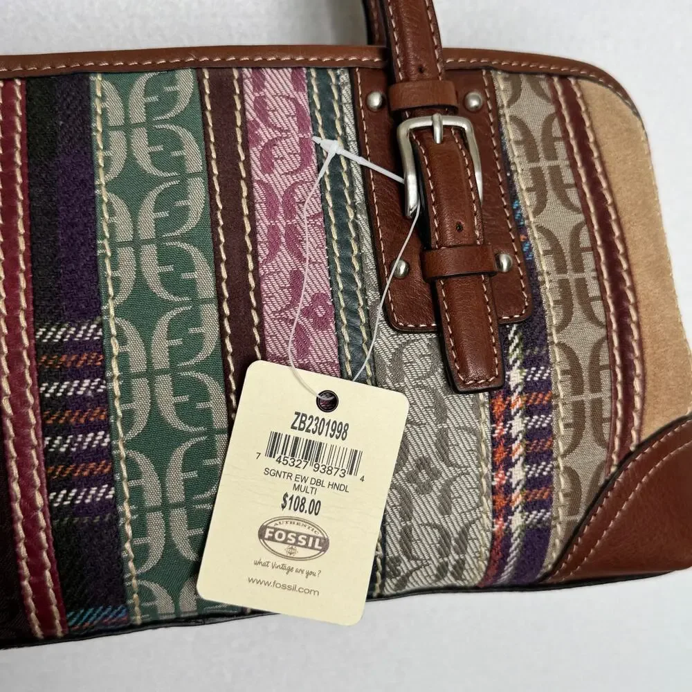 Fossil Signature Patchwork Double Handle Satchel Bag NWT Y2K Multicolor